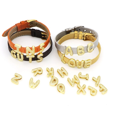 DIY Alphabet Letter Charm Bracelet Set Gold Plated Copper Zirconia Slide Letter Accessories Stainless Steel Mesh Leather Band Jewelry Gift