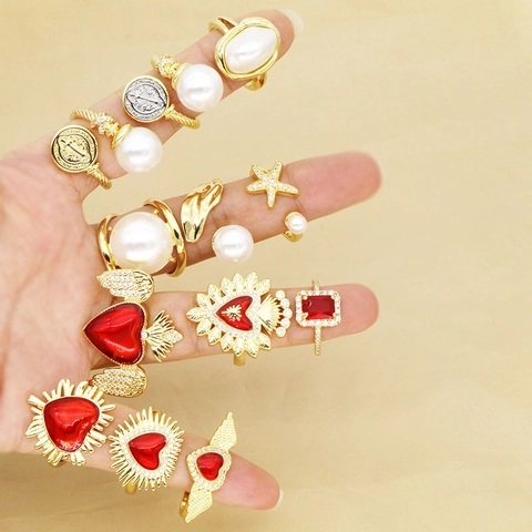 Vintage Gothik Gold Überzogener Kupferner Offener Ring Für Damen Mit Rotem Herz Künstliche Perle Strass Verstellbarer Schmuck