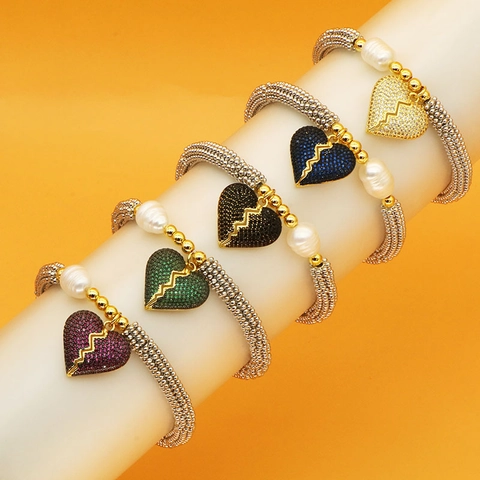 Bracelet en Perles de Cuivre Mode pour Femmes Élastique Strass Pendentif Cœur Brisé Perle Artificielle Bijoux de Main