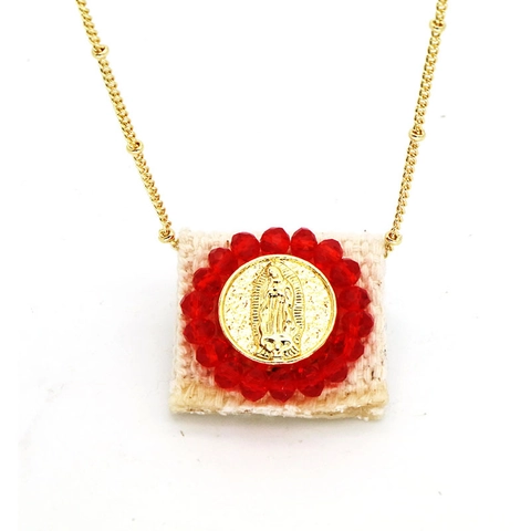 Collar con Colgante de Corazón Virgen María de Cobre Chapado en Oro 18K para Mujer Joyería de Dije de Textil Tejido Perlas