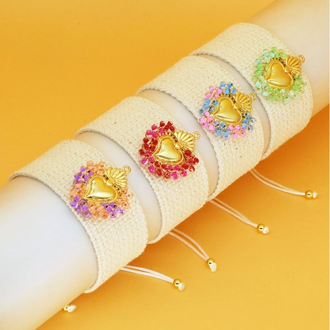Bracelet Tissé à la Main Sacré-Cœur Bohème pour Femme Pendentif Cœur en Cuivre Avec Perles Colorées Sangle Réglable Bijoux