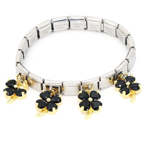 Italian Charm Bracelet Stainless Steel Modular Link With Colorful Clover Pendant Zirconia Inlaid Adjustable Lucky Jewelry For Unisex