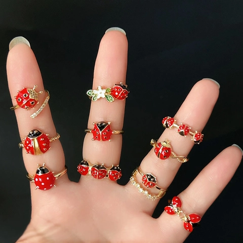 Verstellbarer Emaille Marienkäfer Ring Vergoldet Kupfer Zirkonia Tier Käfer Fingerring Mode Schmuck Für Damen Mädchen