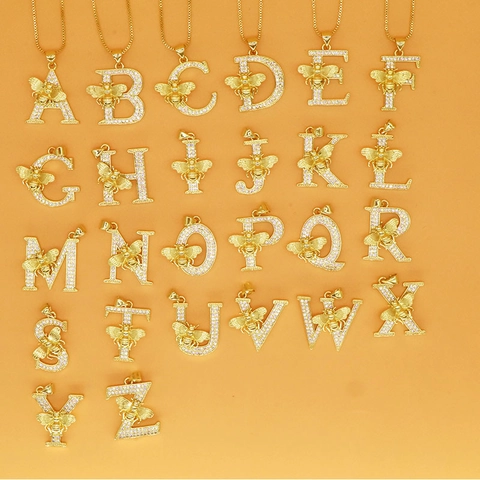 Hip Hop Style Copper Gold Plated Alphabet Initial Letter Pendant Necklace With Bee Decor Rhinestone Inlaid Necklace Jewelry
