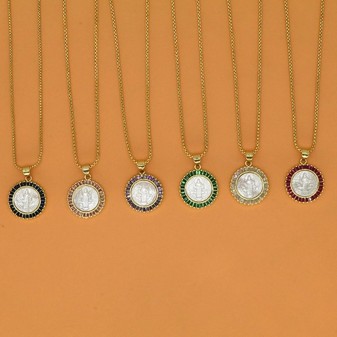 Copper Shell Portrait Pendant Necklace Religious St Benedict Medal Zirconia Inlaid Gold Plated Choker Jewelry For Women