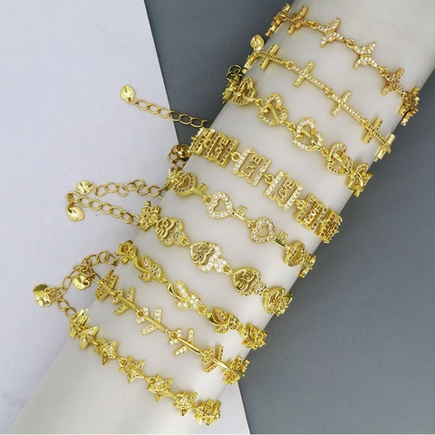 Elegant Gold Plated Copper Rhinestone Bracelet For Women Heart Cross Butterfly Plane Star Love Charm Link Adjustable Bracelet Jewelry Gift