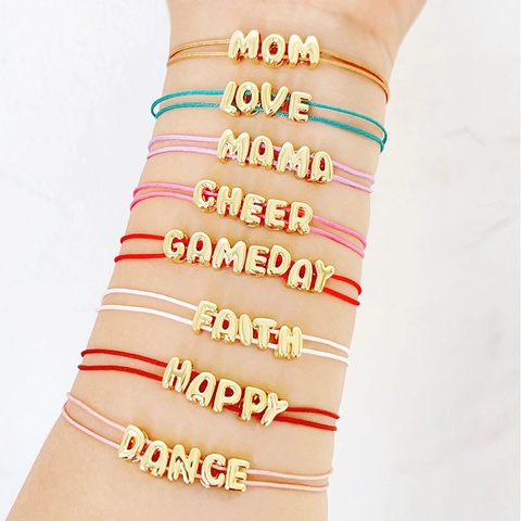 Handmade Woven Letter Rope Bracelet For Women Gold Plated Copper Bubble Letter Beads MOM LOVE HAPPY Adjustable Cord Jewelry