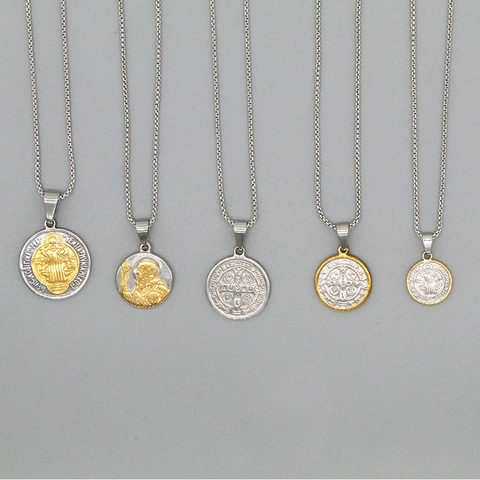 Stainless Steel St Benedict Medal Pendant Necklace For Men Women Religious Cross Round Coin Electroplated Box Chain Jewelry