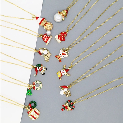 Weihnachten Anhänger Halskette Gold Plattiert Kupfer Emaille Weihnachtsmann Schneemann Rentier Baum Zuckerstange Strass Schmuck Damen