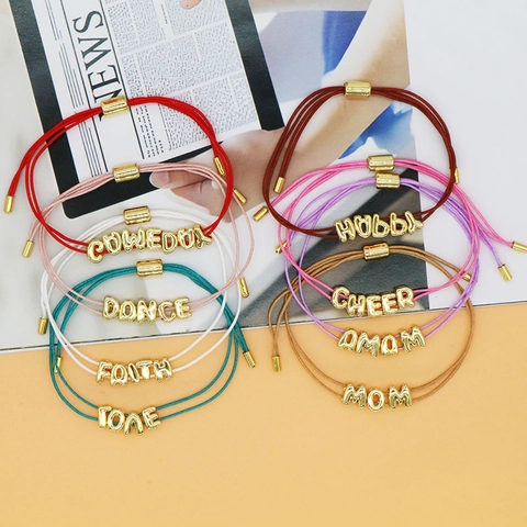 Handmade Woven Letter Rope Bracelet For Women Gold Plated Copper Bubble Letter Beads MOM LOVE HAPPY Adjustable Cord Jewelry