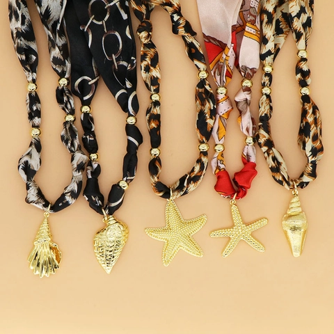 Halskette Im Marinestil Kupfer Mit Seestern Muschelanhänger Leopardenmuster Satin Schal Böhmischer Urlaub Schmuck Für Damen