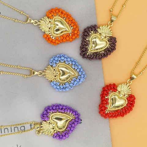 Vintage Kupfer Heiliges Herz Anhänger Halskette Mit Bunten Handgewebten Perlen Boho Herz Charme Kette Für Damen Schmuck