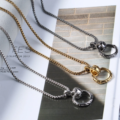 Western Fashion Long Interlocking Circle Pendant Necklace With Lettering Vintage Alloy Box Chain Sweater Chain For Men Women