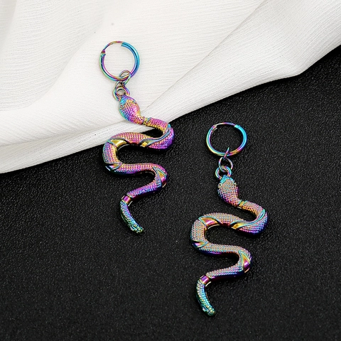 Exaggerated Retro Iridescent Snake Drop Hoop Earrings For Women Alloy Rainbow Metallic Animal Shaped Statement Jewelry Gift