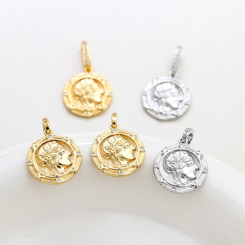 Retro Copper Gold Plated Portrait Coin Pendant DIY Jewelry Making Goddess Head Relief Rhinestone Inlaid Charms