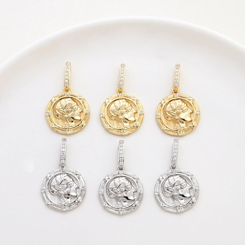 Retro Copper Gold Plated Portrait Coin Pendant DIY Jewelry Making Goddess Head Relief Rhinestone Inlaid Charms