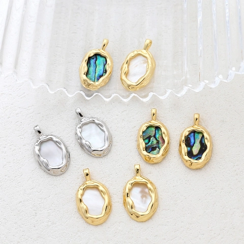 Ciondolo in Rame con Madreperla Naturale e Guscio di Abalone Ovale Irregolare Placcato Oro 14k per Creazione di Gioielli Fai da Te