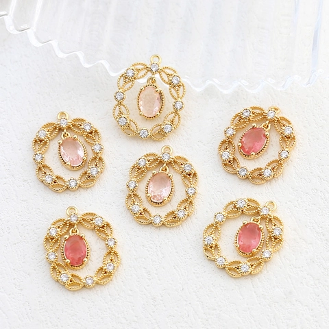 Vintage Francese Oro 14K Placcato Rame Zirconia Cubica Pizzo Ciondolo Ovale Singolo (Senza Catena) Per Gioielli Fai Da Te