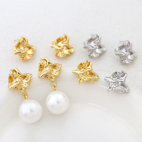 Accessori per Orecchini a Bottone con Trama Lava Irregolare Rame Placcato Oro Con Perno in Argento Sterling 925 Fai da Te