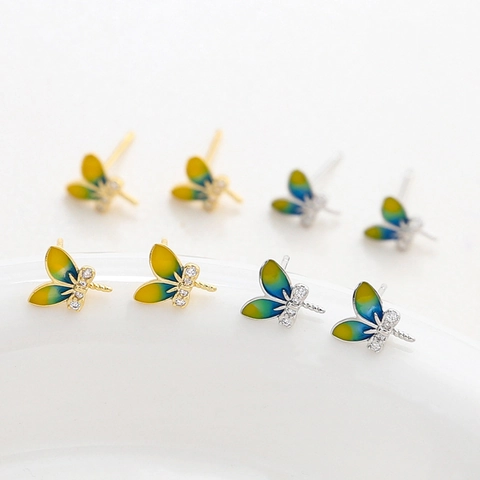 Dragonfly Stud Earring Findings With 925 Sterling Silver Post Gradient Enamel Rhinestone DIY Jewelry Making Parts For Women