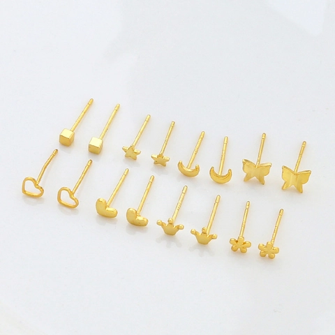 Orecchini a Bottone in Rame Placcato Oro Minimalisti Con Perno in Argento Sterling 925 DIY Stella Luna Cuore Gioielli