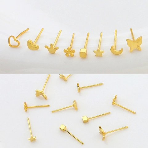 Orecchini a Bottone in Rame Placcato Oro Minimalisti Con Perno in Argento Sterling 925 DIY Stella Luna Cuore Gioielli