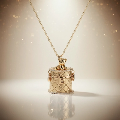 Vintage Quilted Mini Bag Pendant Necklace With Teddy Bear And Letter B Charm Copper Rhinestone Jewelry For Women Gift