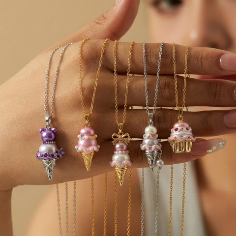 Sweet Copper Ice Cream Bear Cupcake Pendant Necklace With Artificial Pearl Rhinestone For Women Cute Enamel Bow Jewelry