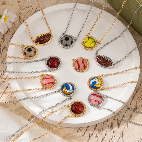 Vintage Sports Theme Copper Pendant Necklace Bracelet Stud Earrings Set Enamel Ball Pattern Rhinestone Jewelry For Women Gift