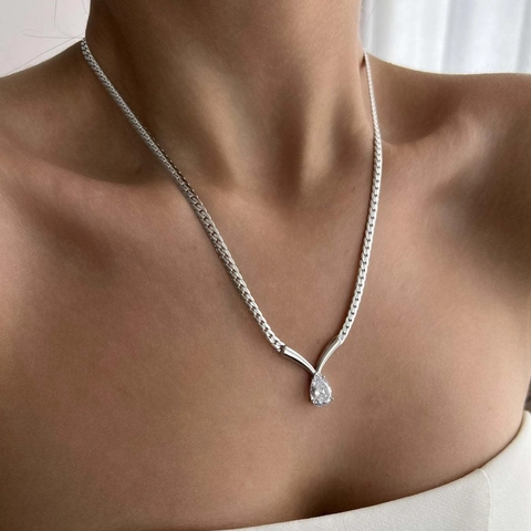 Fashion Stainless Steel Waterdrop Rhinestone Pendant Necklace Luxury Gold Silver Snake Chain Clavicle Chain Jewelry For Women