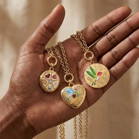 Vintage Koperen Medaillon Ketting Voor Dames Goud Verguld Openbaar Hart Rond Hanger Met Emaille Vogel Bloem Ster Patroon Sieraden