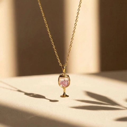 Luxus Kupfer 18K Vergoldet Weinglas Herz Schwebendes Medaillon Anhänger Halskette Für Damen Strass Gefülltes Medaillon Schmuck
