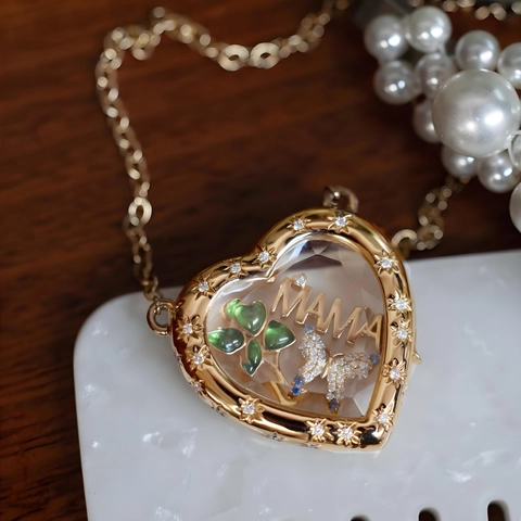 Collier Médaillon Flottant en Verre en Forme de Cœur Personnalisé DIY pour Femme Cuivre Zirconia MAMA Lettre Papillon Trèfle Bijoux