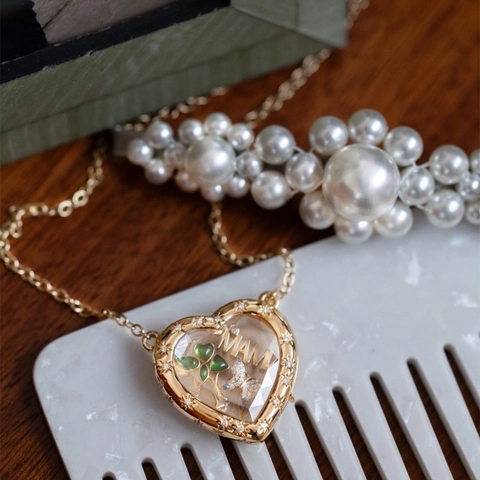 Collier Médaillon Flottant en Verre en Forme de Cœur Personnalisé DIY pour Femme Cuivre Zirconia MAMA Lettre Papillon Trèfle Bijoux