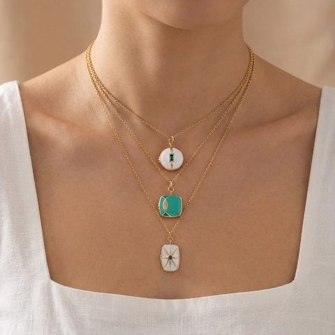 Vintage 14K Gold Plated Copper Locket Necklace For Women Enamel Geometric Round Square Pendant Photo Memorial Jewelry