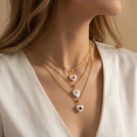 Koper Vergulde Hart Natuurlijke Kunstparel Halsketting Voor Vrouwen Gekleurde Zirkonia Ingelegd Zoet Romantisch Sieraden