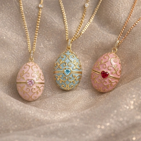 Faberge Style Enamel Egg Pendant Necklace Vintage Copper Gold Plated Heart Zirconia Jewelry Gift For Mother Day Women