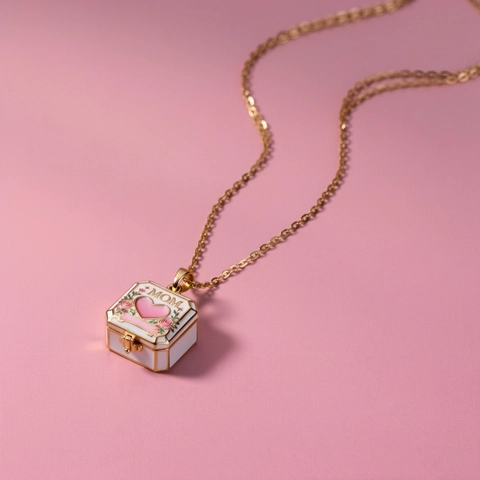 18K Gold Plated Copper Square Enamel Locket Necklace For Women MOM Heart Floral Pendant Necklace Mother's Day Jewelry Gift