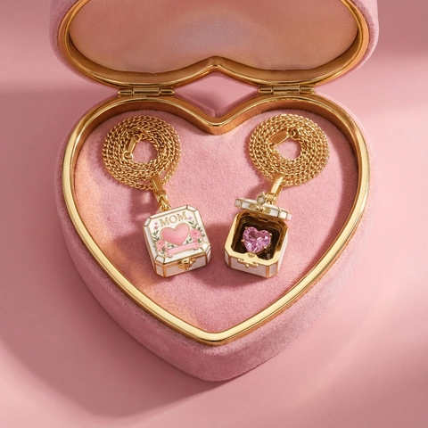 18K Gold Plated Copper Square Enamel Locket Necklace For Women MOM Heart Floral Pendant Necklace Mother's Day Jewelry Gift