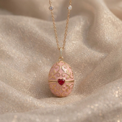 Faberge Style Enamel Egg Pendant Necklace Vintage Copper Gold Plated Heart Zirconia Jewelry Gift For Mother Day Women