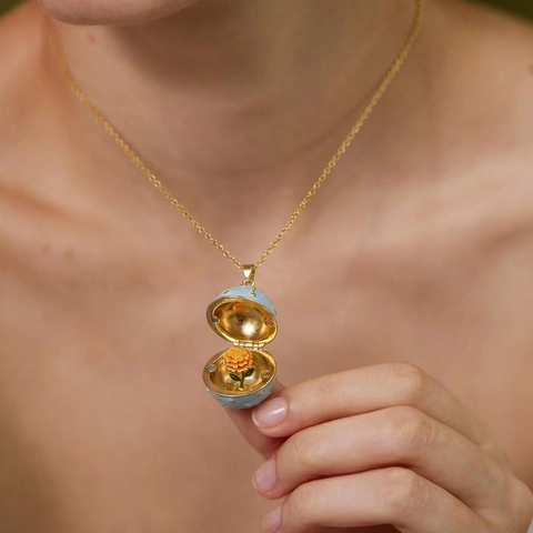 Vintage Enamel Egg Locket Pendant Necklace 14K Gold Plated Copper Birth Month Flower Locket Jewelry Gift For Women