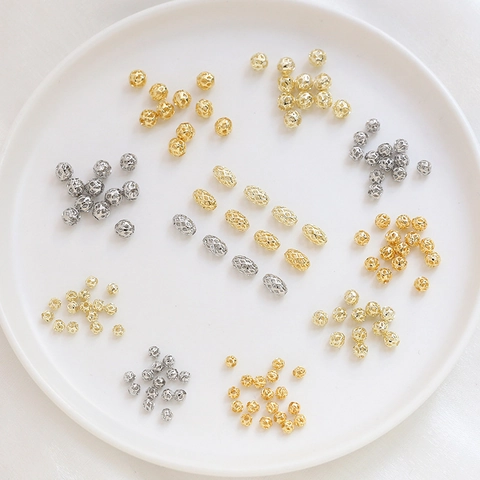 14K 18K Chapado en Oro Cobre Cuentas de Malla Hueca Redondas Ovaladas Cuentas Espaciadoras para DIY Pulsera Collar Joyería