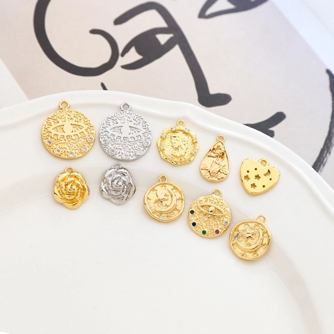 Vintage Gold Plated Copper Pendants Rhinestone Evil Eye Heart Rose Coin Charms For DIY Necklace Bracelet Jewelry Making