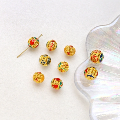 Vergoldete Kupfer Hohlperlen Emaille Vintage Chinesischer Stil DIY Schmuckherstellung Glückverheißende Zeichen Perlen