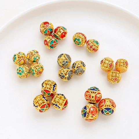 Vergoldete Kupfer Hohlperlen Emaille Vintage Chinesischer Stil DIY Schmuckherstellung Glückverheißende Zeichen Perlen