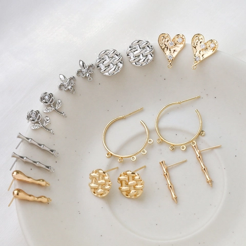 Vintage Kupfer Vergoldete Zirkon Ohrstecker DIY Schmuck Zubehör Mit 925 Sterlingsilber Ohrstecker-Stift Rose Herz Bambus Blumen Accessoire