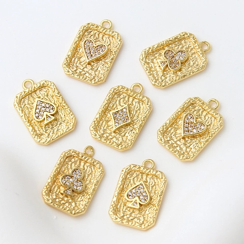 Gold Plated Copper Poker Card Pendant With Zircon Inlay Hammered Texture DIY Jewelry Making Findings Accessories
