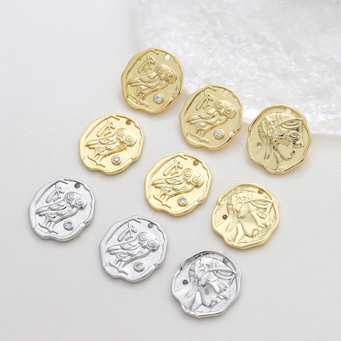 Vintage Double Sided Owl Athena Relief Coin Pendant Copper Gold Plated Rhinestone Charms For DIY Necklace Bracelet Jewelry Making