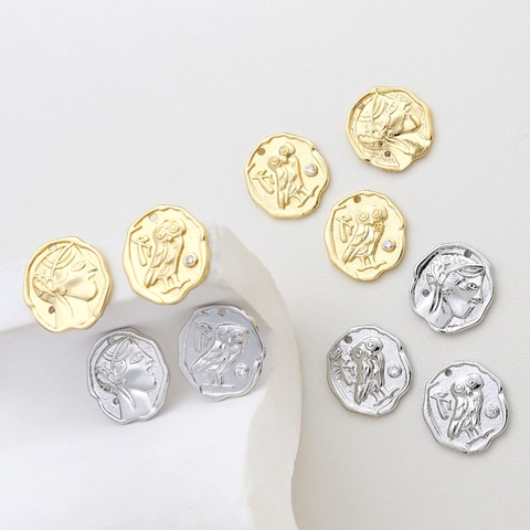 Vintage Double Sided Owl Athena Relief Coin Pendant Copper Gold Plated Rhinestone Charms For DIY Necklace Bracelet Jewelry Making
