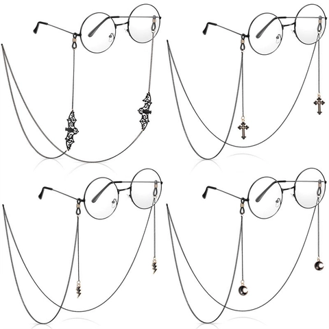 Gothic Punk Black Alloy Glasses Chain With Cross Lightning Bat Moon Pendant Anti-slip Eyewear Holder Strap For Women Men